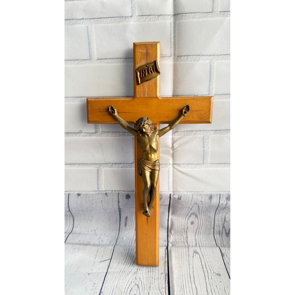 Vintage Wood and Gold Tone Metal Wall Crucifix Jesus Christ INRI Cross 12.5 inch